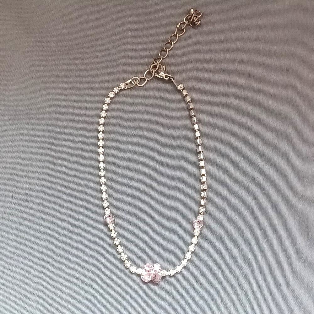Y2K Delicate Silver Tone Pink Stone Flower Tennis Bracelet Adjustable 9.5"